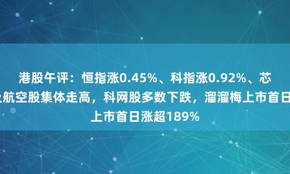 港股午评：恒指涨0.45%、科指涨0.92%、芯片、黄金及航空股集体走高，科网股多数下跌，溜溜梅上市首日涨超189%